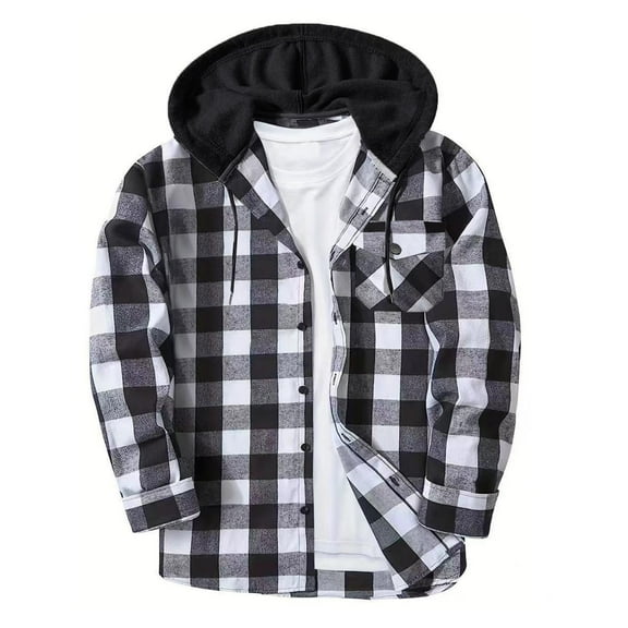 Makaor Shacket Jackets for Mens Pockets Hooded Coat Plaid Big and Tall Button Long Sleeve Outerwear Fall Winter Clothes