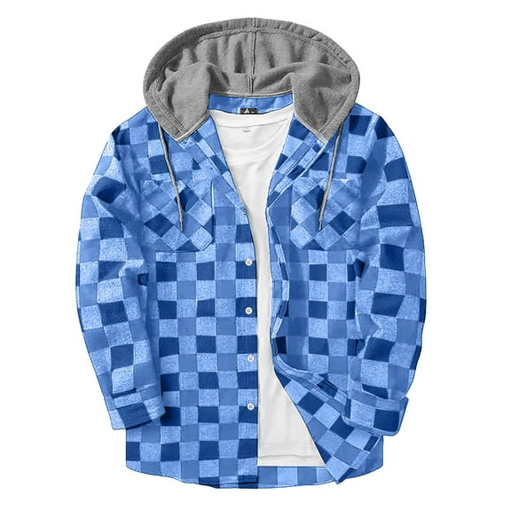 Makaor Shacket for Mens Hooded Jacket Plaid Big and Tall Button Long Sleeve Coat Fall Winter Outerwear with Pockets Blue