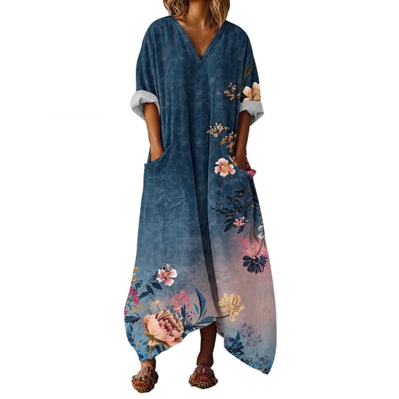 Makaor Spring Floral Dresses for Women Asymmetrical Maxi Dresses Plus Size 3/4 Sleeve Dress V Neck Lounge Dress with Pockets Navy XL