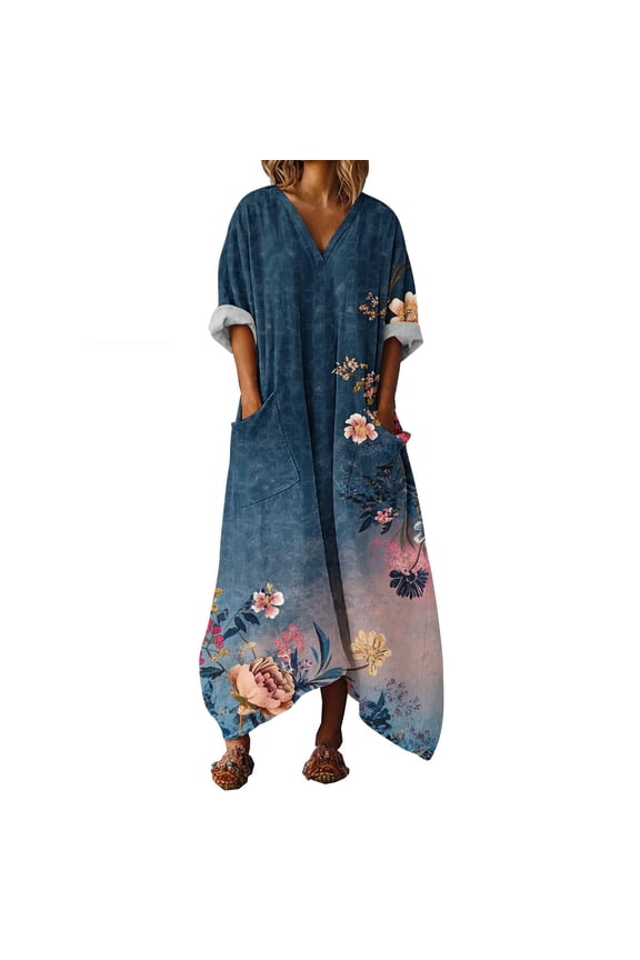 Spring Floral Dresses for Women Asymmetrical Maxi Dresses Plus Size 3/4 Sleeve Dress V Neck Lounge Dress with Pockets Navy XL