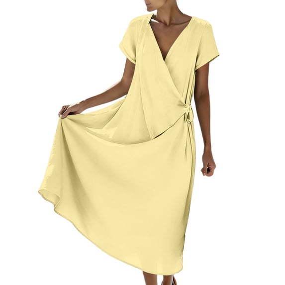 Makaor Summer Linen Dresses for Women Wrap Maxi Dresses Plus Size Short Sleeve Dress Solid V Neck Beach Vacation Clothes with Pockets Yellow S