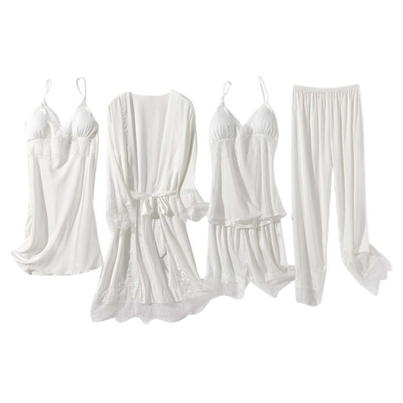 Makaor Summer Robes for Women Lace Short Length Lightweight Solid Long Sleeve 5 Piece Pajamas with Built in Bra XL White
