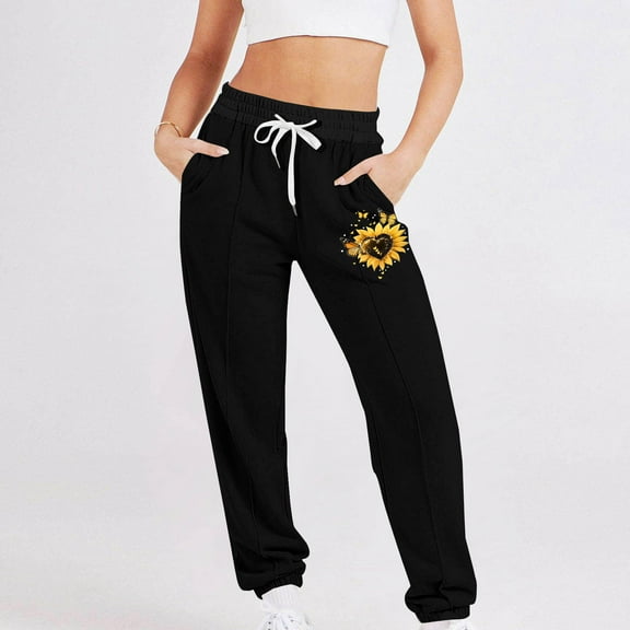 Makaor Sweatpants Baggy for Women with Pockets Drawstring Lounge Joggers with Elastic Waist Black S
