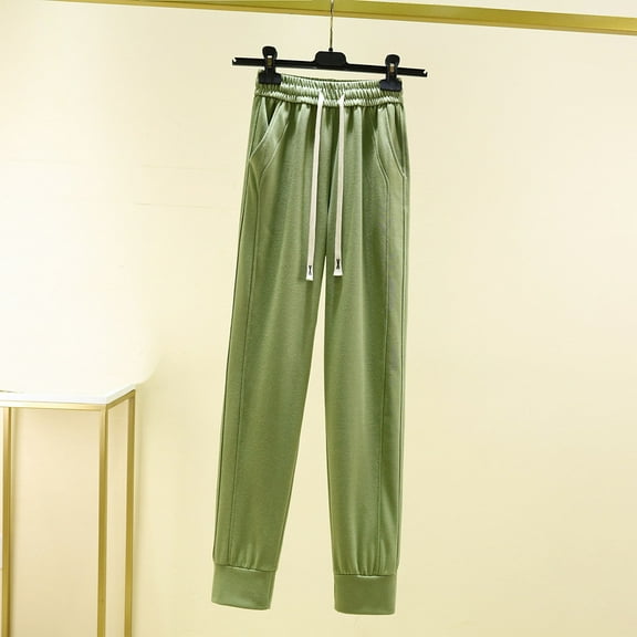 Makaor Sweatpants Women Baggy with Pockets Wide Leg Solid Cotton Drawstring Lounge Pants with Elastic Waist Green L