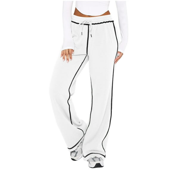 Makaor Sweatpants Women Wide Leg Solid Baggy Drawstring Loose Trousers with Elastic Waist White 2XL