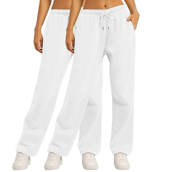 Makaor Sweatpants for Women Tall with Pockets 2 Pack Wide Leg Solid Baggy Loose Trousers with Elastic Waist White L