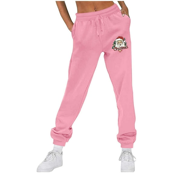 Makaor Sweatpants for Women with Pockets Christmas Solid Baggy Fleece Athletic Pants with Elastic Waist Pink 2XL