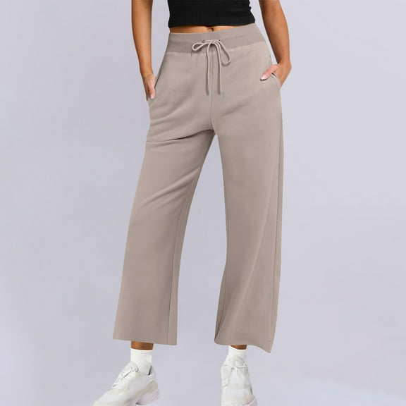 Makaor Sweatpants for Women with Pockets Straight Leg Solid Baggy Drawstring Athletic Pants with Elastic Waist Khaki S