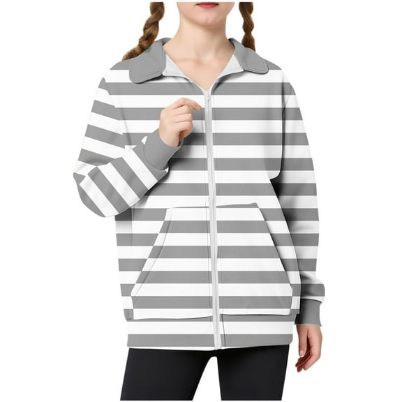 Makaor Sweatshirt Kids Girls Boys Zip up Collared Jackets Striped Long Sleeve Coats Fleece Cute Clothes with Pockets
