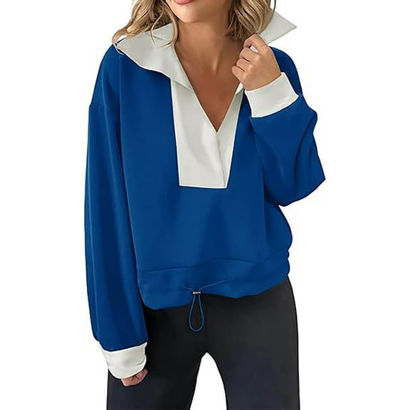 Makaor Sweatshirt Women Collared Tops Lightweight Long Sleeve Pullover Color Block Casual Fall Clothes Blue M