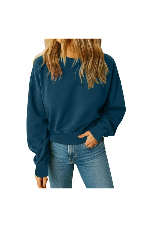 Sweatshirt Women Crew Neck Cropped Tops Fleece Long Sleeve Pullover Solid Casual Fall Clothes Navy 2XL