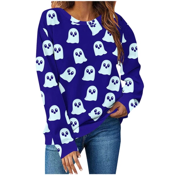 Makaor Sweatshirt Women Halloween Crew Neck Tops Fleece Long Sleeve Pullover Casual Fall Clothes Dark Blue M