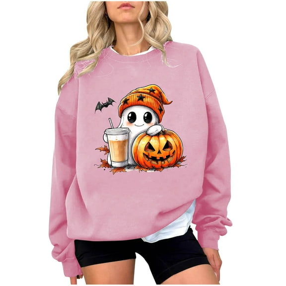 Makaor Sweatshirt Women Halloween Crew Neck Tops Fleece Long Sleeve Pullover Graphic Casual Fall Clothes Pink M