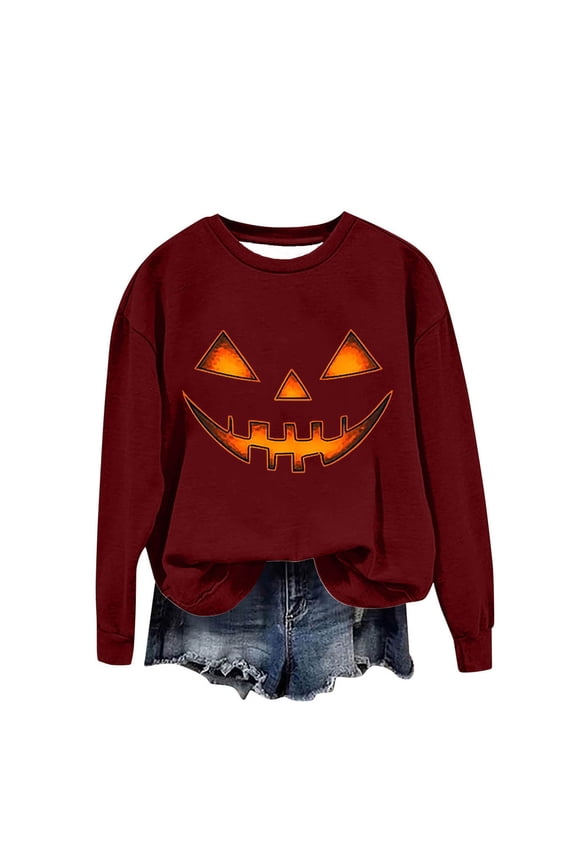 Sweatshirt Women Halloween Crew Neck Tops Fleece Long Sleeve Pullover Pumpkin Casual Fall Clothes Red XL