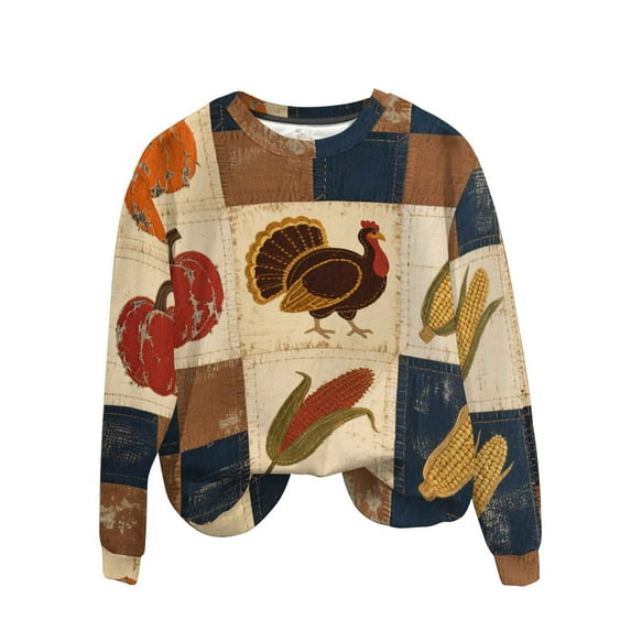 Makaor Sweatshirt Women Men Plus Size Thanksgiving Day Crew Neck Tops Fleece Long Sleeve Pullover Color Block Clothes