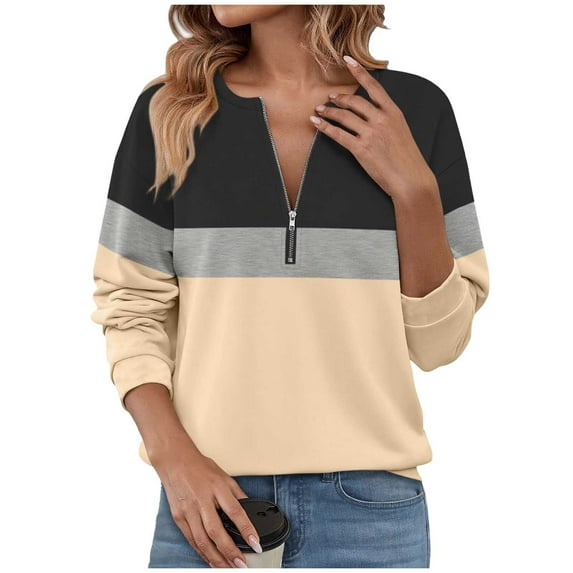 Makaor Sweatshirt Women Plus Size Zip Mock Neck Tops Lightweight Long Sleeve Pullover Color Block Casual Fall Clothes