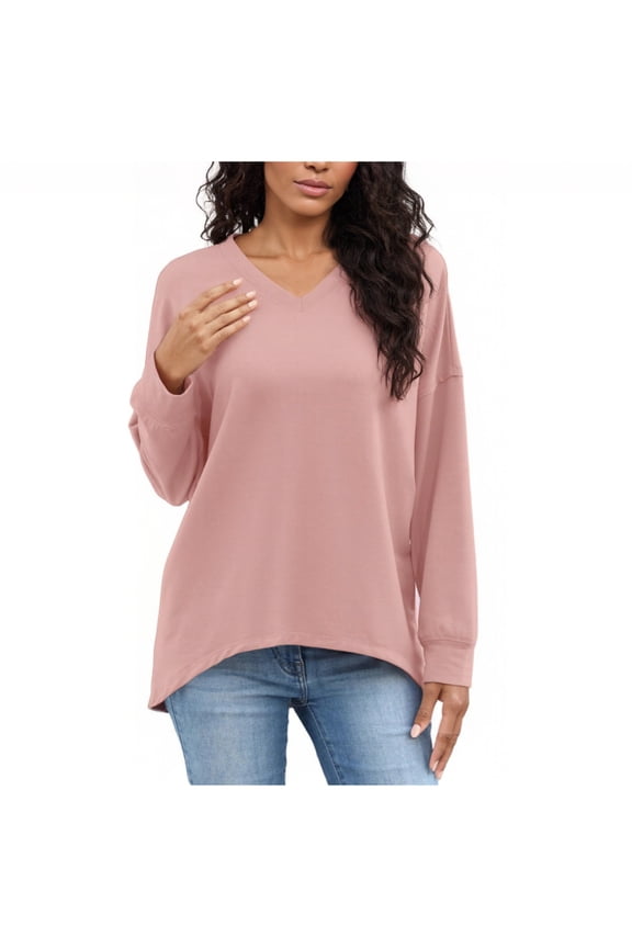Sweatshirt Women V Neck Tunic Tops Lightweight Long Sleeve Pullover Solid Casual Fall Clothes Pink M