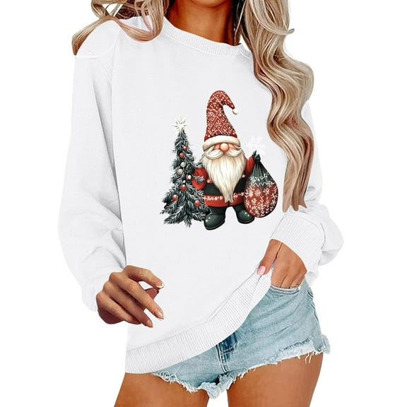 Makaor Sweatshirt for Women Long Sleeve Christmas Crew Neck Tops Santa Graphic Pullover Tees Fleece Cute Vacation Clothes