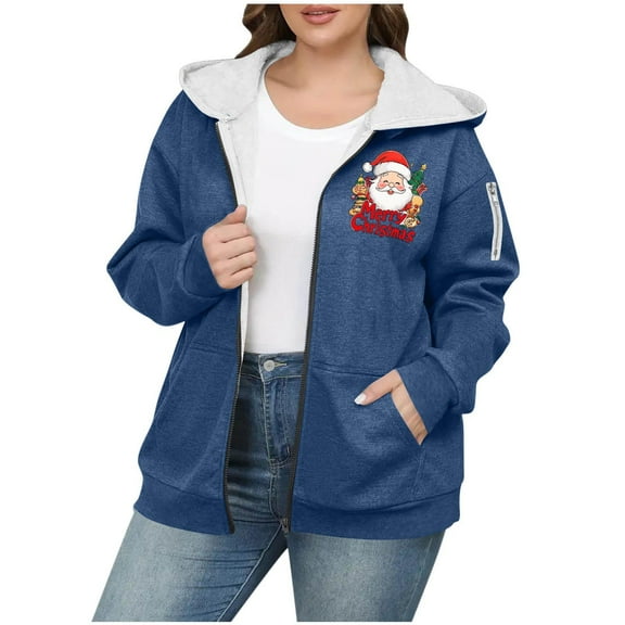 Makaor Sweatshirts Jacket for Women Christmas Fleece Hooded Coat Solid Plus Size Zipper Long Sleeve Outerwear Clothes