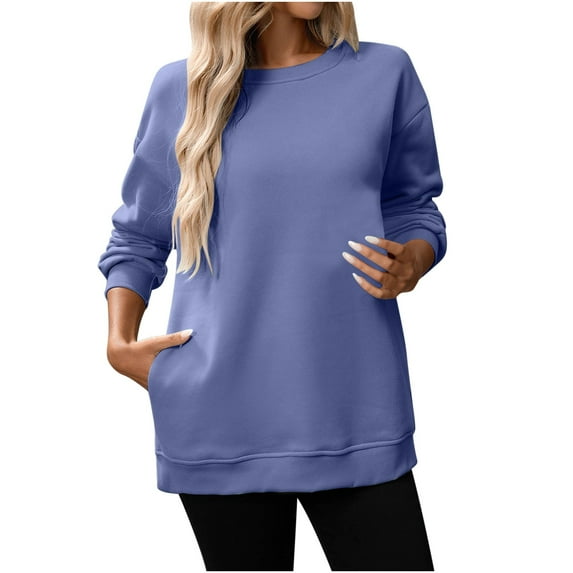 Makaor Sweatshirts for Women Crew Neck Tunic Tops Fleece Long Sleeve Pullover Solid Casual Fall Clothes Purple S