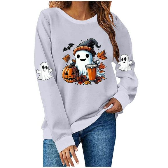 Makaor Sweatshirts for Women Halloween Crew Neck Tops Fleece Long Sleeve Pullover Graphic Casual Fall Clothes Gray M