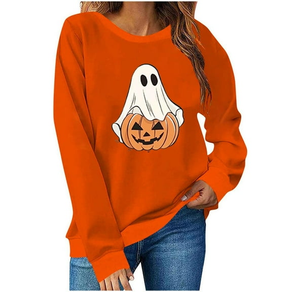 Makaor Sweatshirts for Women Halloween Crew Neck Tops Fleece Long Sleeve Pullover Graphic Casual Fall Clothes Orange