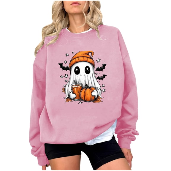 Makaor Sweatshirts for Women Halloween Crew Neck Tops Fleece Long Sleeve Pullover Graphic Casual Fall Clothes Pink