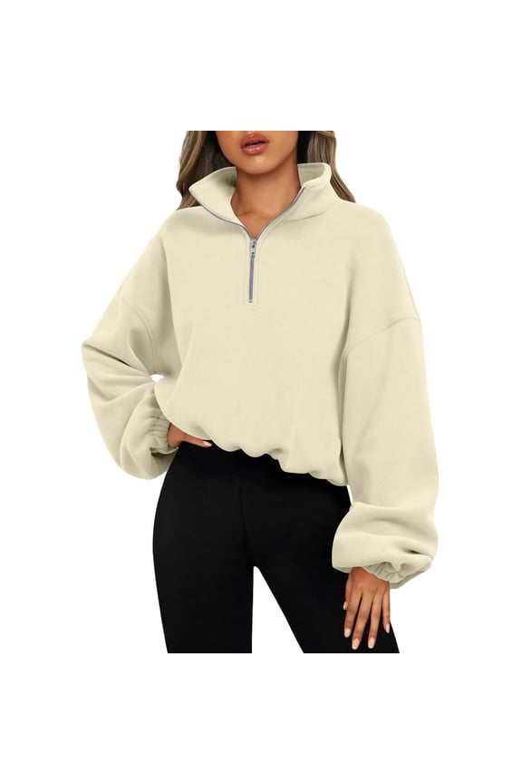 Trendy Sweatshirts for Women with Zipper Zip Mock Neck Tops Fleece Long Sleeve Pullover Solid Casual Clothes