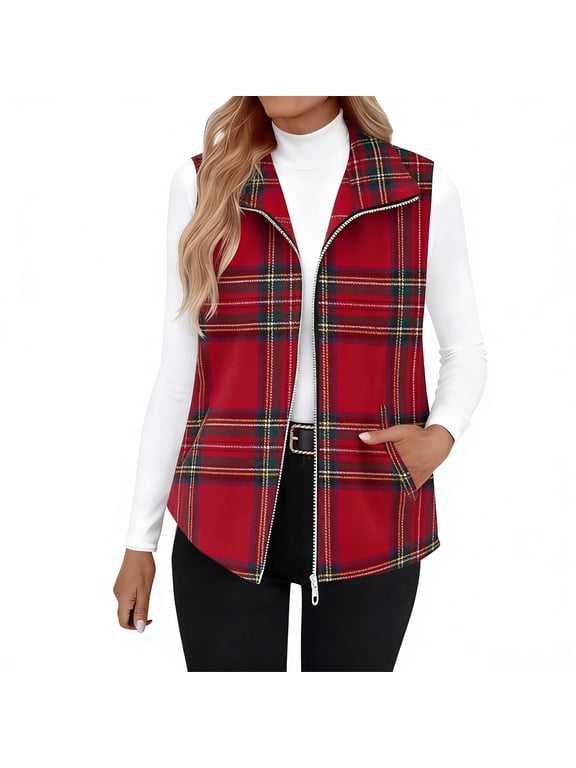 Vest for Women Fleece Collared Jacket Plaid Zipper Sleeveless Coat Fall Winter Outerwear with Pockets Red L
