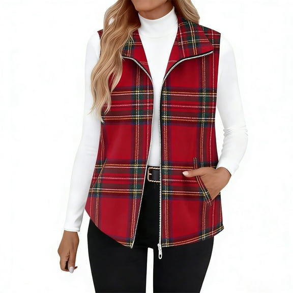 Makaor Vest for Women Fleece Collared Jacket Plaid Zipper Sleeveless Coat Fall Winter Outerwear with Pockets Red XL