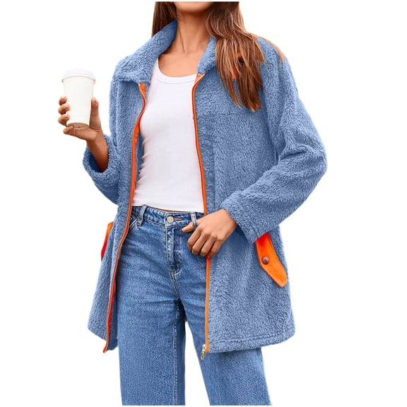 Makaor Winter Fleece Coats for Women Pockets Collared Jacket Solid Zipper Long Sleeve Outerwear Winter Warm Clothes