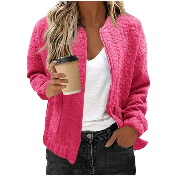 Makaor Women Baseball Jacket Coat Solid Color Zip up Long Sleeve Outerwear Fall Winter Tops Clothes with Pockets Pink S