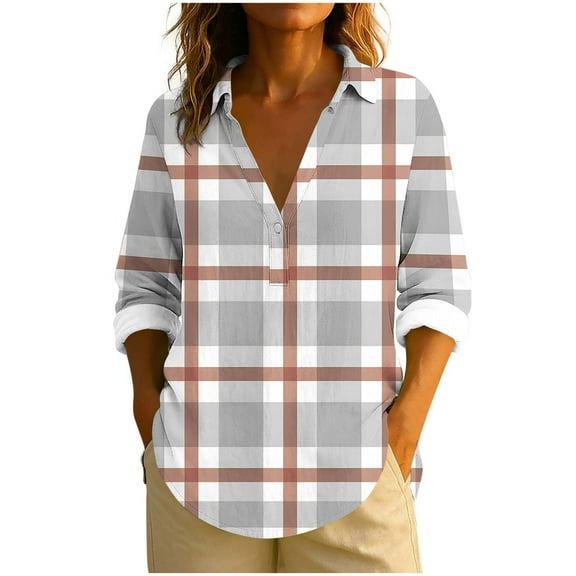 Makaor Women Blouses for Work Plus Size Collared Shirts Tops Button down Tunic Plaid Long Sleeve Pullover Tees Casual Vacation Clothes