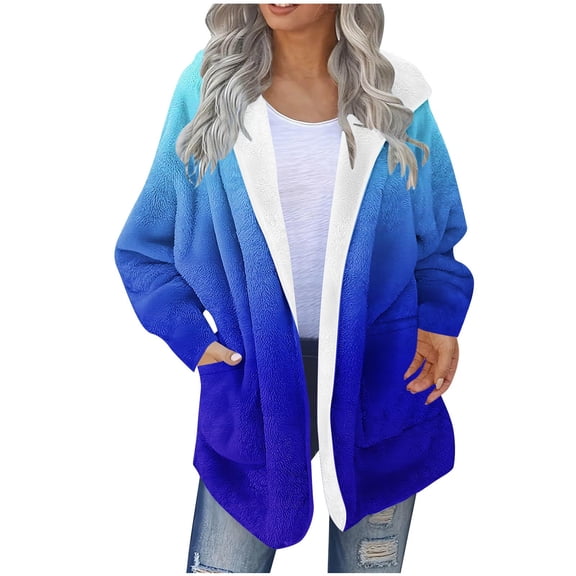 Makaor Women Fleece Jackets Pockets Hooded Coat Gradient Zipper Front Long Sleeve Outerwear Winter Warm Tops Clothes