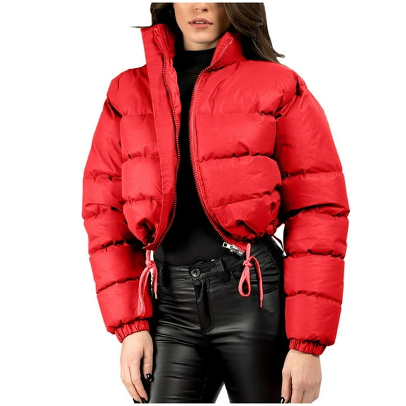 Makaor Women Puffer Coat Hooded Jacket Solid Color Zipper Long Sleeve Outerwear Quilted Winter Warm Tops Clothes Red L