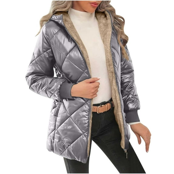 Makaor Women Puffer Coat Hooded Jacket Solid Zipper Front Long Sleeve Outerwear Quilted Cotton Winter Warm Tops Clothes