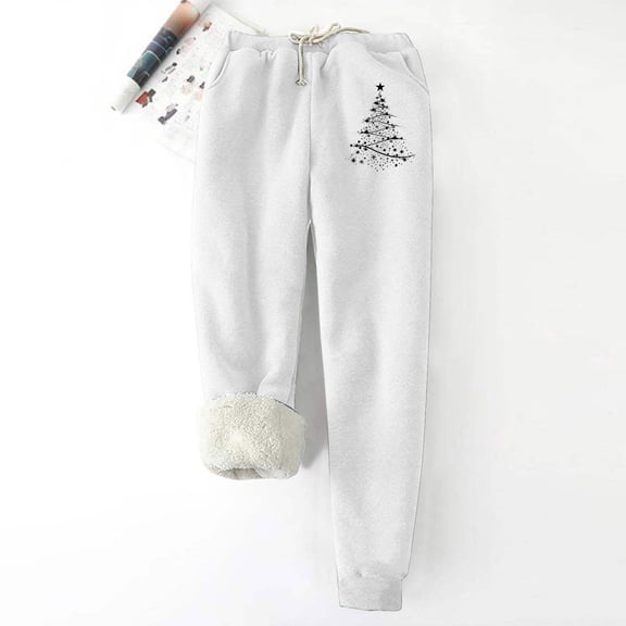 Makaor Women Sweatpants with Elastic Waist with Pockets Christmas Solid Baggy Fleece Athletic Joggers White L