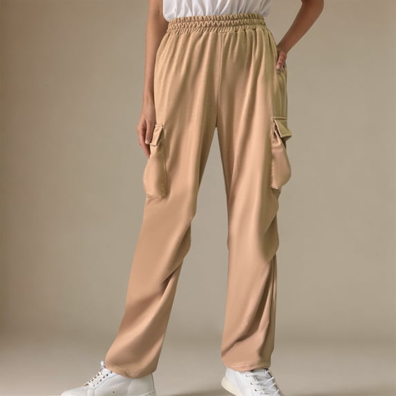 Makaor Women Sweatpants with Elastic Waist with Pockets Solid Baggy Lounge Pants Khaki L