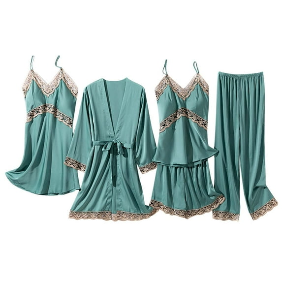 Makaor Women's Lightweight Bath Robe Lace Short Length Solid Long Sleeve 5 Piece Pajamas with Built in Bra 2XL Blue