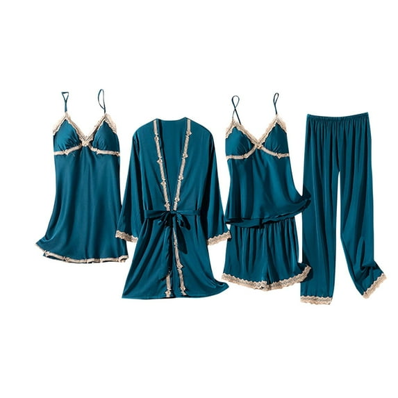 Makaor Women's Robes and Pajamas Short Length Lightweight Solid Long Sleeve 5 Piece Pajamas with Built in Bra L Blue