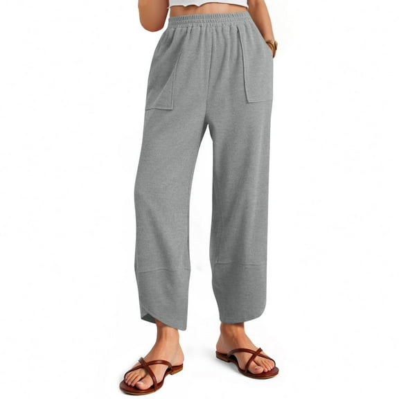 Makaor Women's Sweatpants with Pockets Wide Leg Solid Baggy Loose Trousers with Elastic Waist Gray S