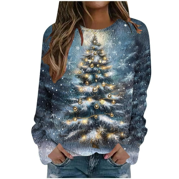 Makaor Womens Blouses Dressy Crew Neck Shirts Tops Christmas Tree Graphic Long Sleeve Pullover Tees Fleece Cute Fall Winter Clothes