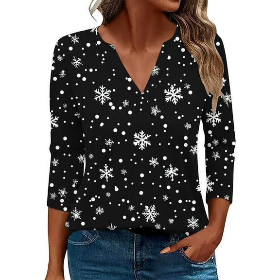 Makaor Womens Cute Tops Christmas V Neck Shirts Graphic 3/4 Sleeve Pullover Tees Vacation Clothes