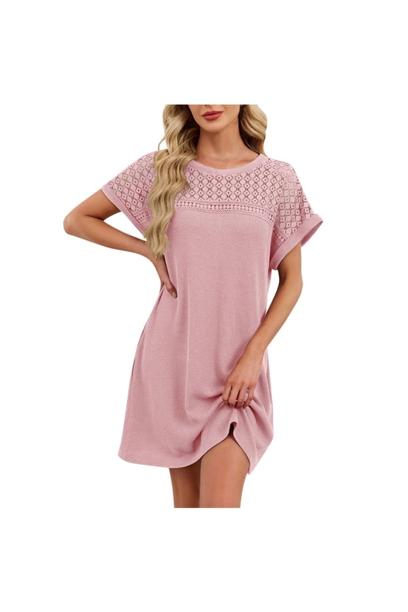 Womens Dresses Casual Summer Shift Lace Mini Dresses Plus Size Short Sleeve Dress Patchwork Crew Neck Travel Dress Pink 2XL