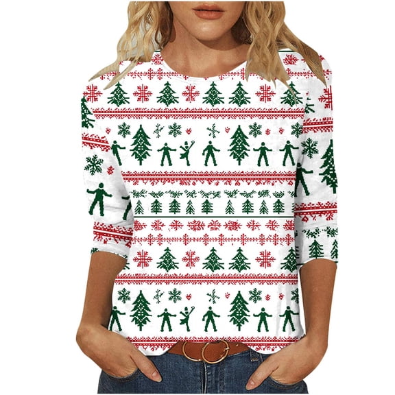 Makaor Womens Fashion Tops Christmas Plus Size Crew Neck Shirts Graphic 3/4 Sleeve Pullover Tees Cute Fall Outfits