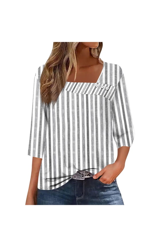 Womens Fashion Tops Plus Size Square Neck Shirts Button Graphic 3/4 Sleeve Pullover Tees Cute Fall Winter Clothes