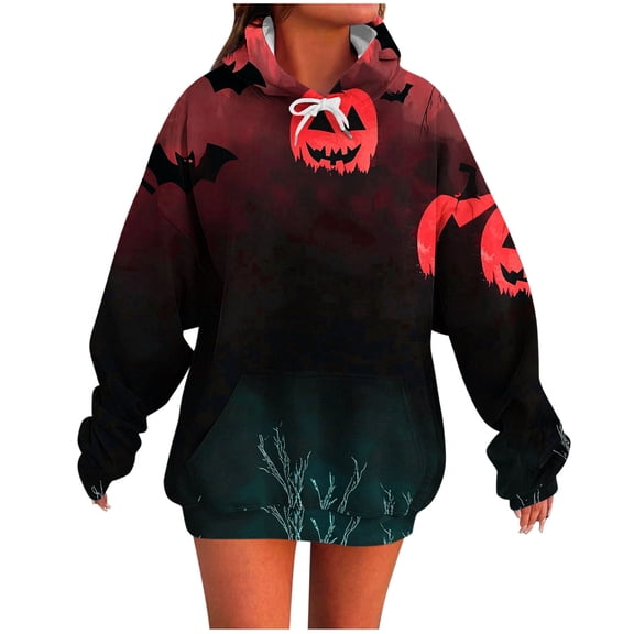 Makaor Womens Hoodies Pullover Halloween Tunic Sweatshirt with Pockets Fleece Long Sleeve Tops Pumpkin Oversized Clothes