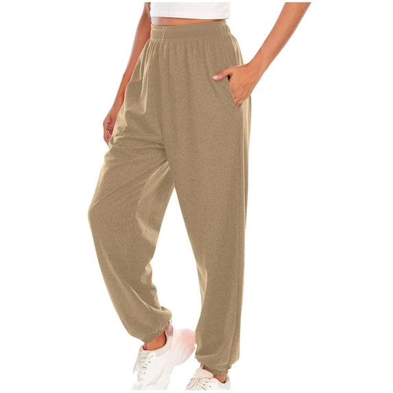 Makaor Womens Joggers Plus Size with Pockets Solid Baggy Loose Trousers with Elastic Waist Khaki 3XL