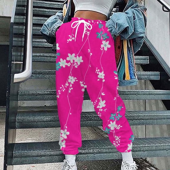 Makaor Womens Joggers with Pockets Baggy Drawstring Loose Sweatpants with Elastic Waist Hot Pink S