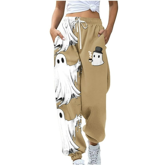 Makaor Womens Joggers with Wide Legs and Pockets Halloween Baggy Drawstring Fleece Loose Sweatpants Khaki 2XL